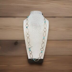 Sterling Silver Hammered Oval Link Turquoise Bead Toggle Necklace 22" Long